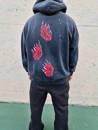 Vintage Wash Frayed Fleece Hoodie - 360 GSM