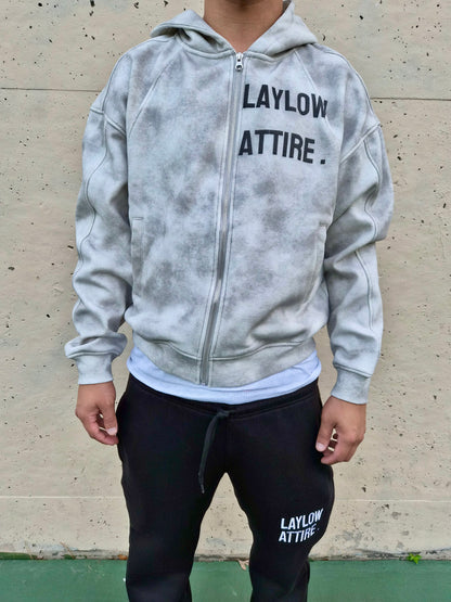 “Slight Crop” Dirty Washed Boxy Zip-up Fleece Hoodie